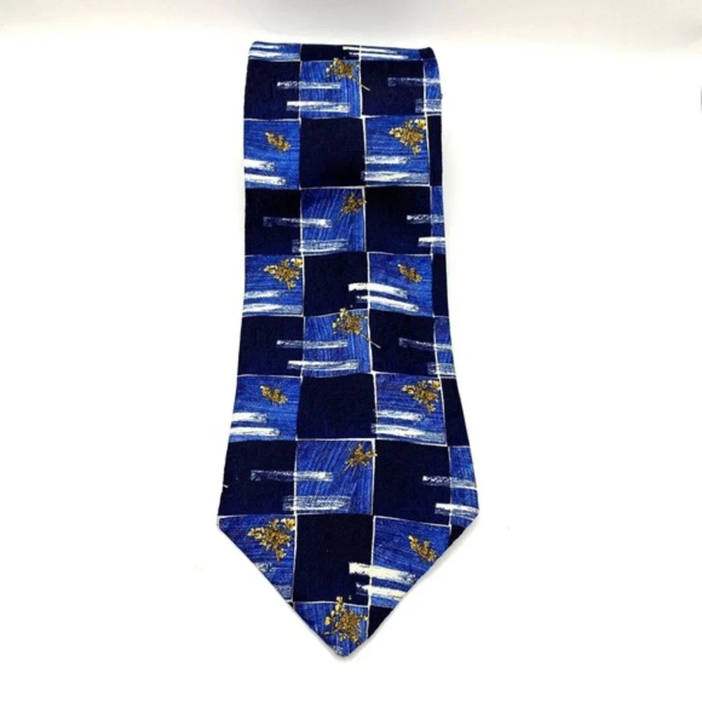 Ermenegildo Zegna Mens Silk Tie Necktie Navy Boho Floral Check Preppy Italy Made